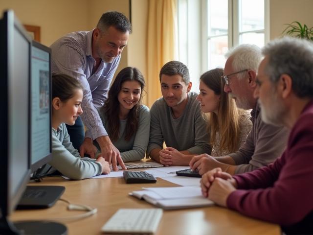 Group of people, possibly in a community center, looking at a screen together.