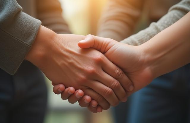 Hands connecting, symbolizing working together.