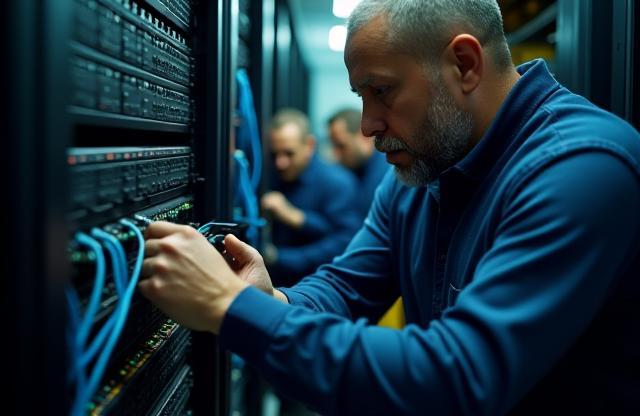 Rete Futura Telecom employees working on network equipment, symbolizing commitment.